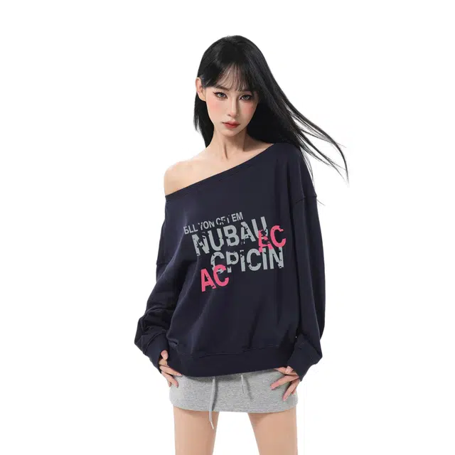 柏黛妃 美式斜肩春秋款复古慵懒小个子露肩长袖上衣卫衣 女款