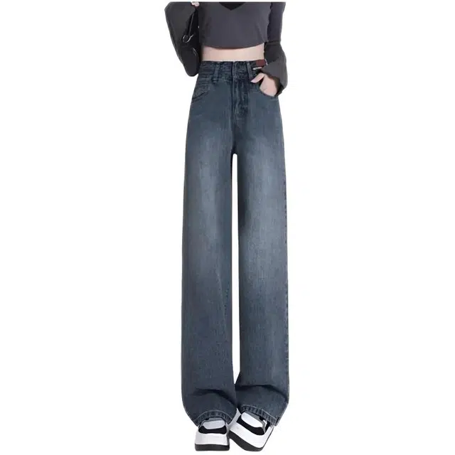 天才小熊 潮流时尚遮胯阔腿裤女复古小个子高腰窄版直筒拖地裤牛仔裤 女款