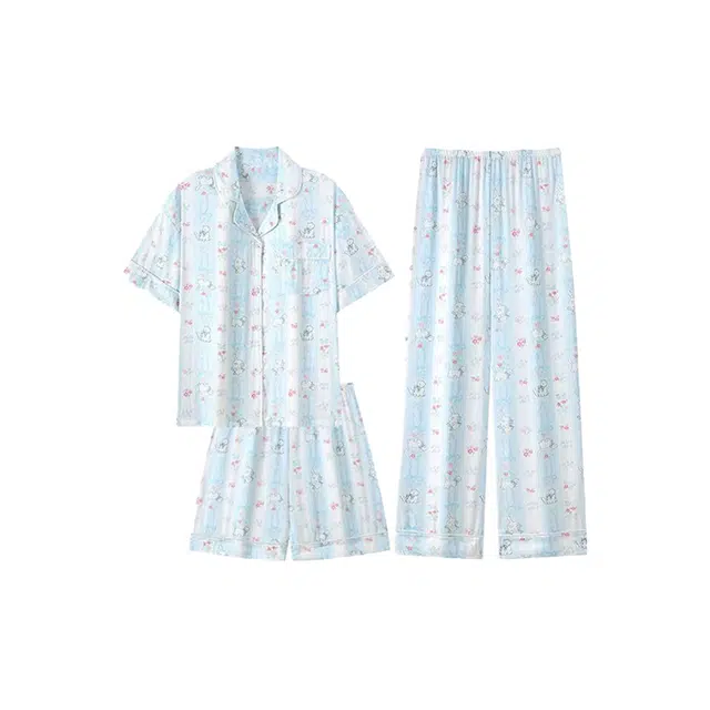 顶瓜瓜 夏季女透气舒适简约设计休闲宽松款式三件套家居服睡衣套装 女款