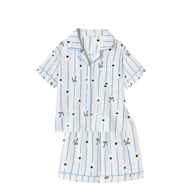 俏韵 夏季云朵棉甜美短袖短裤条纹小清新家居服可外穿睡衣套装 女款