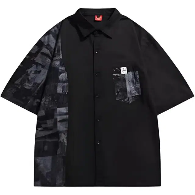 沐诚阳译 日系复古短袖男夏季潮牌印花痞帅工装衬衣衬衫 男款