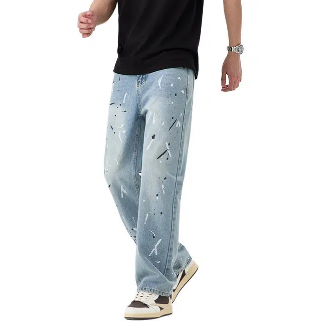 么宁  涂鸦印花撞色设计感美式高街复古潮流时尚宽松直筒舒适透气个性痞帅运动休闲牛仔裤 男女同款