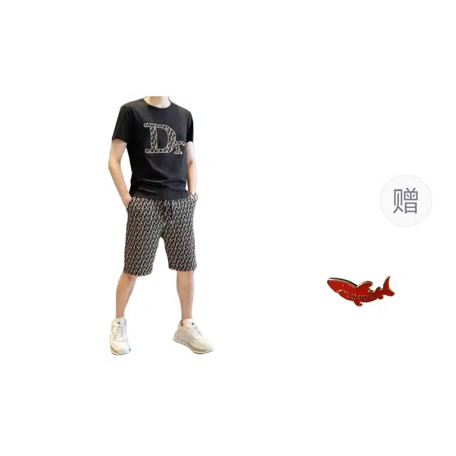 大白鲨 欧洲站夏季男个性印花短裤潮流时尚轻奢两件套短袖休闲运动套装 男女同款