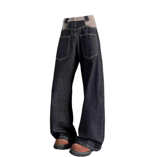 物质公式 美式高街复古原牛拼色拼接结构基础款水洗做旧宽松阔腿拖地中腰显瘦粗腿遮肉日常通勤垂感百搭休闲适中软糯牛仔裤 男女同款