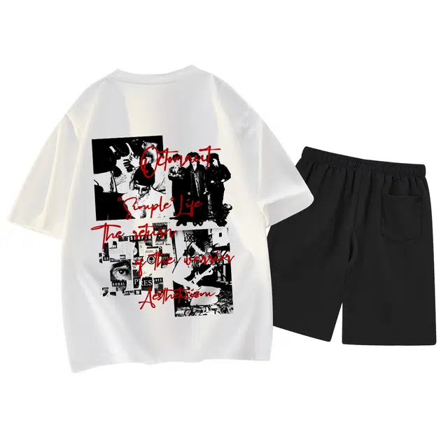 海底小纵队 美式高街暗黑版画拼贴眼睛字母品牌印花宽松透气个性街头纯棉重磅圆领上衣垂感百搭抽绳五分裤健身跑步休闲运动套装 男女同款