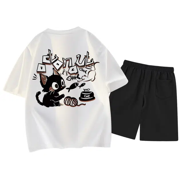 海底小纵队 美式高街手绘涂鸦嘻哈黑猫鱼骨字母印花宽松透气个性街头圆领上衣垂感百搭抽绳五分裤健身跑步短裤休闲运动套装 男女同款