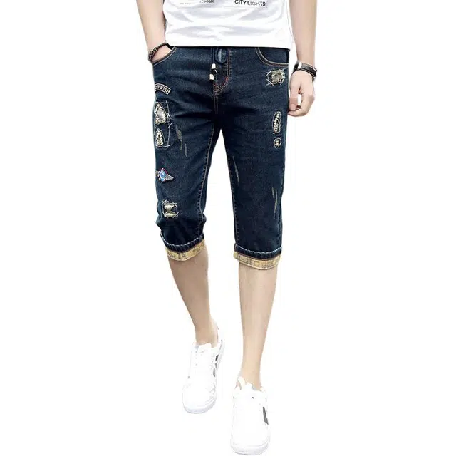 潮人榜 夏季薄款高端潮牌刺绣设计感修身弹力七分裤潮流百搭痞帅美式牛仔短裤 男款