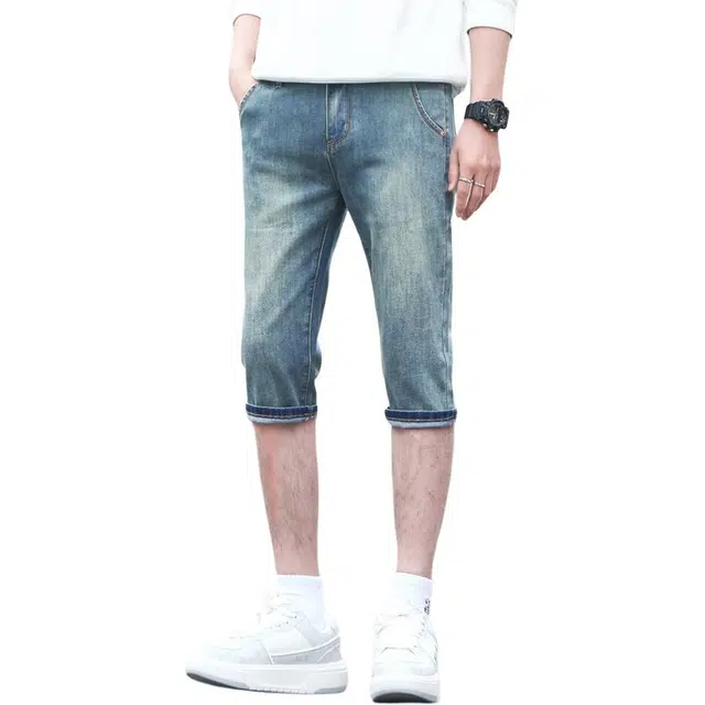 潮人榜 夏季薄款美式潮牌复古高级感修身弹力七分裤潮流百搭痞帅高端牛仔短裤 男款