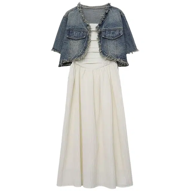 棉购 高级感收腰短款短袖上衣连衣裙两件套裙装套装 女款