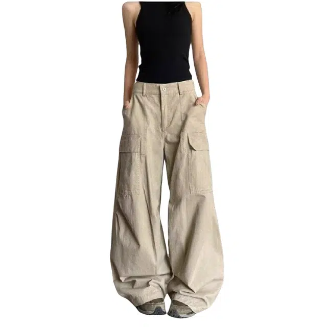 加荣 美式复古宽松直筒廓形多口袋工装裤男夏季轻薄透气潮牌青少年户外出行百搭男裤小众高级感懒惰风拖地阔腿休闲裤长裤 男女同款