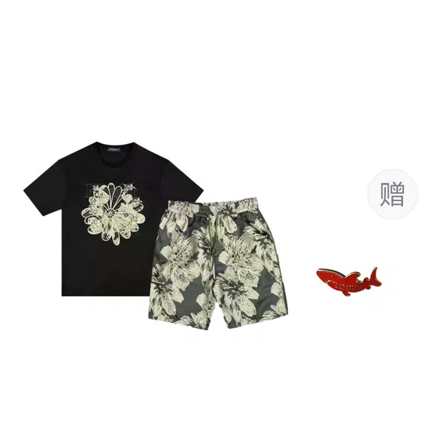 大白鲨 品牌欧洲站轻奢宽松美式满印花五分裤休闲运动套装 男女同款