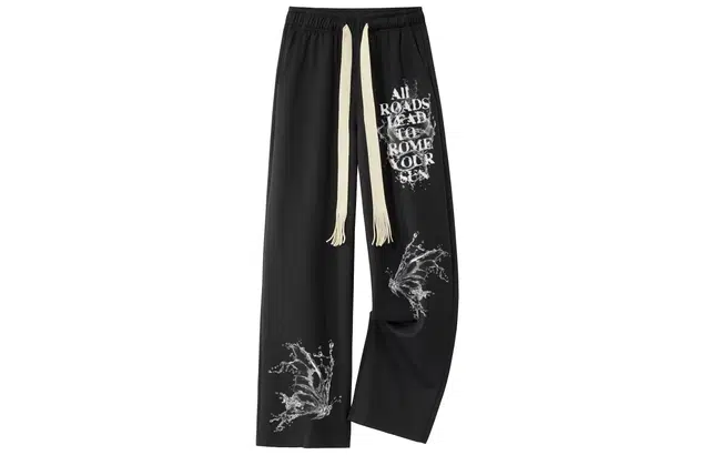 宜而爽 美式复古街头创意水波纹蝴蝶个性涂鸦字母印花运动休闲高街日常宽松阔腿直筒显高垂感拖地松紧腰纯色系带篮球针织休闲裤 男女同款