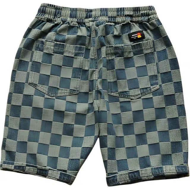 大格子与黑猫 复古做旧立体层次格子小众日系抽绳松紧腰宽松牛仔夏季五分裤短裤 男款