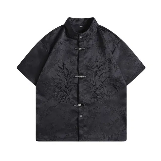 沐诚阳译 国潮新中式提花立领短袖男复古暗纹肌理盘扣中山装衬衫 男女同款