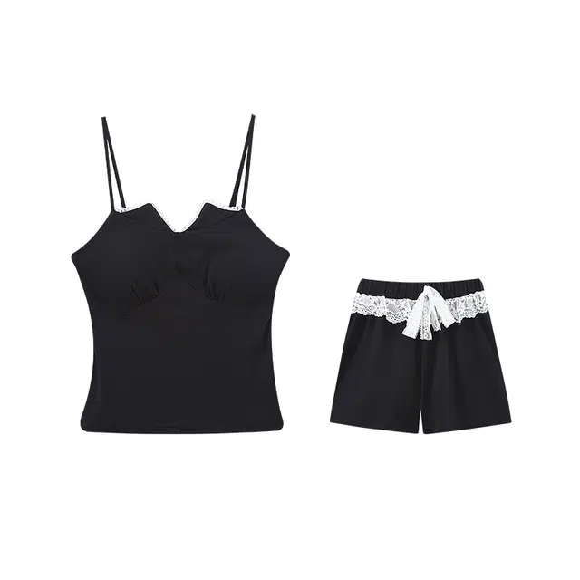 俞兆林 夏天柔软纯棉带胸垫纯色时尚吊带短裤两件套女士宽松休闲家居服睡衣套装 夏季 女款