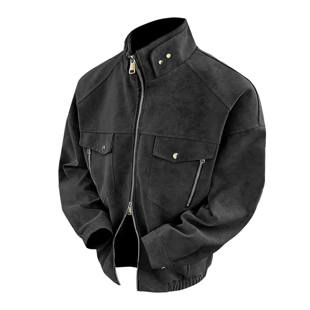 寻星记 机能风机车服纯色垂感慵懒学院风百搭休闲皮衣 男女同款