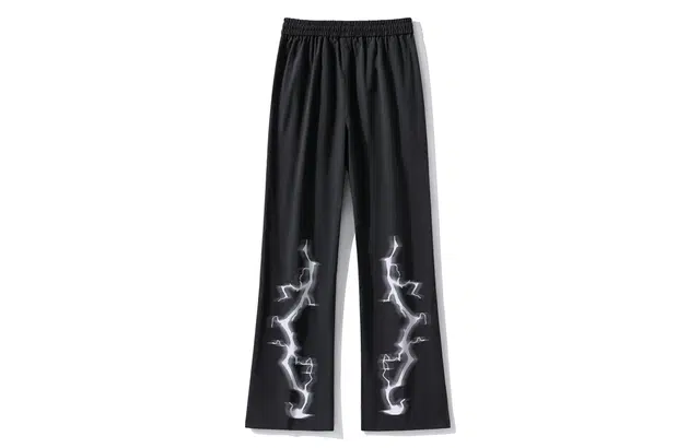 宜而爽 美式复古高街幻影闪电图案印花基础斜切拼接春夏秋季系带冰丝款工装裤子防水宽松舒适百搭通勤显高微喇弯刀休闲裤 男女同款