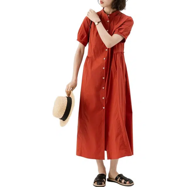 黛尔佳人 夏日韩系文艺风单排扣设计感立领子宽松遮肉气质长裙女连衣裙 女款