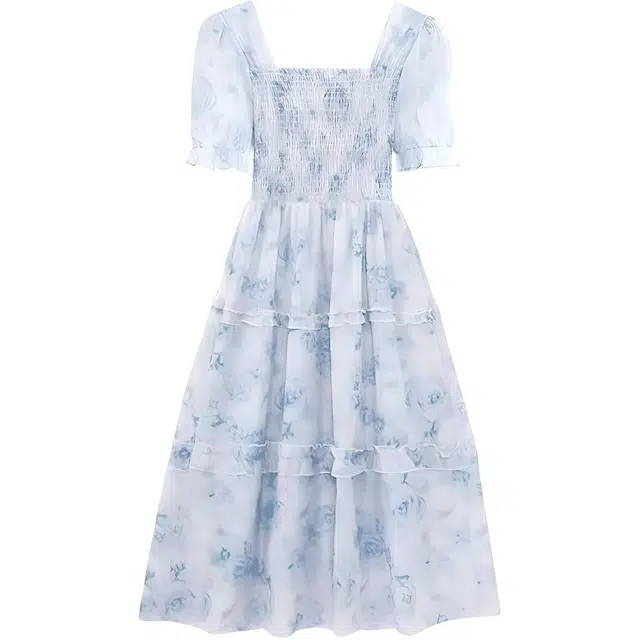 棉购 法式复古温柔风方领碎花短袖连衣裙 女款