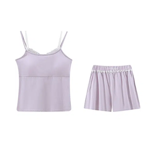 俞兆林 夏天带胸垫柔软纯棉简约纯色花边圆领宽松吊带短裤两件套休闲家居服睡衣套装 夏季 女款