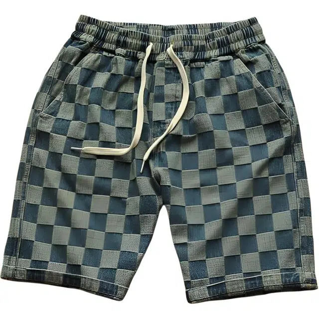 大格子与黑猫 复古做旧立体层次格子小众日系抽绳松紧腰宽松牛仔夏季五分裤短裤 男款