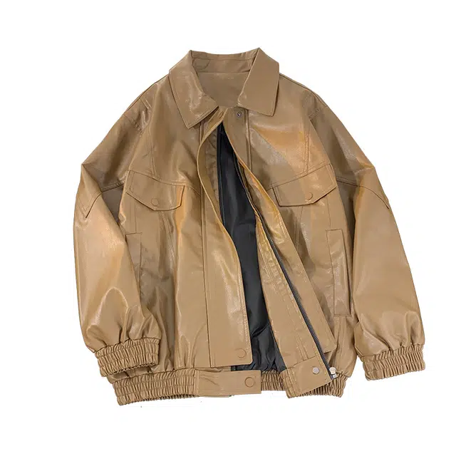 半空山 美式复古城市机能宽松翻领高品质机车服防风防水工装夹克皮衣 男女同款