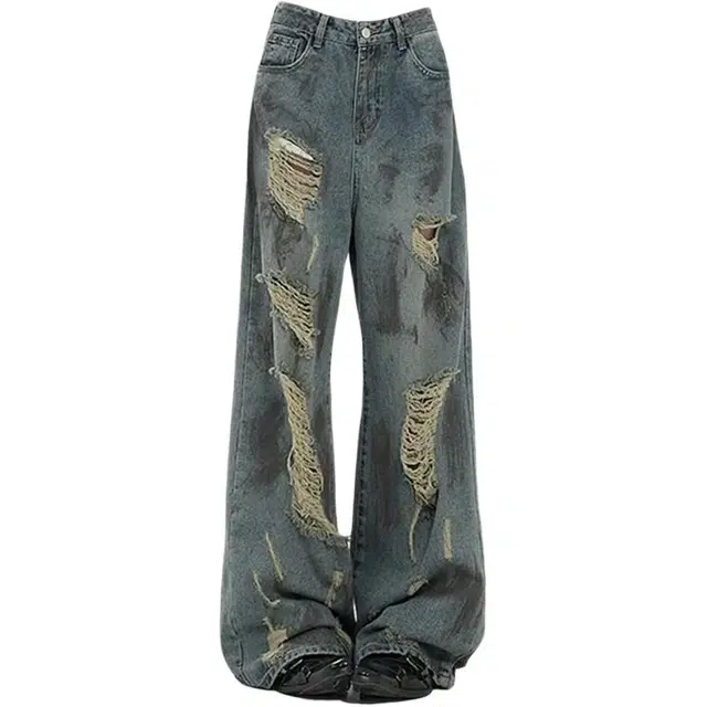 如续 复古做旧破洞阔腿女夏显瘦辣妹裤子休闲高腰拖地长裤牛仔裤 女款