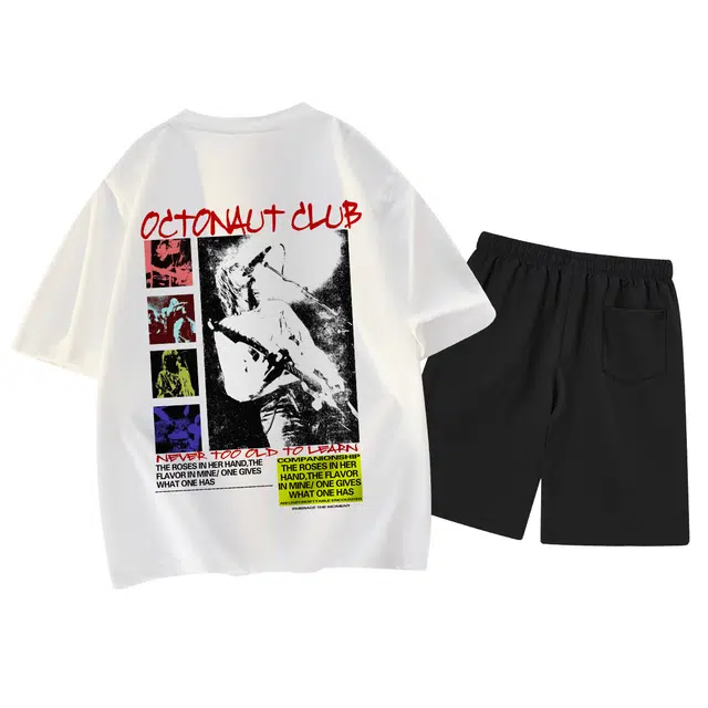 海底小纵队 美式高街版画拼贴人像字母品牌印花宽松透气个性街头重磅圆领上衣垂感百搭抽绳五分裤健身跑步休闲运动套装 男女同款