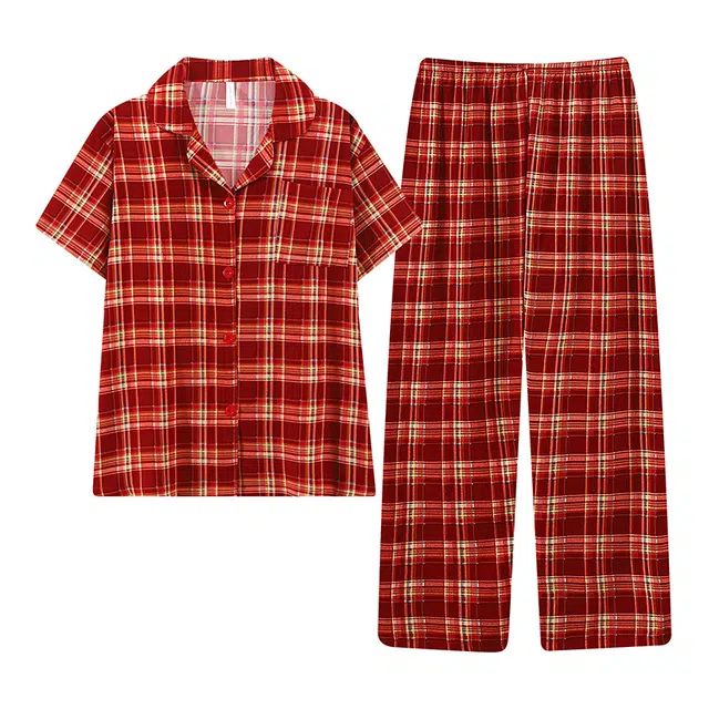 俞兆林 夏天时尚格子条纹翻领开衫宽松舒适短袖长裤两件套休闲家居服睡衣套装 夏季 女款