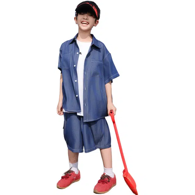 熊猫圆圆 男童夏季薄款宽松休闲牛仔套装 儿童款