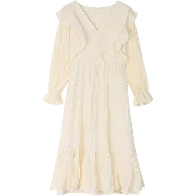 棉购 高级感法式荷叶边收腰茶歇公主长裙长袖连衣裙 女款