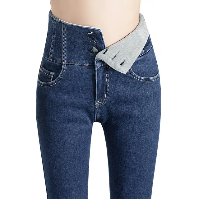 丝柏舍 纯色修身简约高腰铅笔裤加绒保暖显瘦牛仔裤 女款