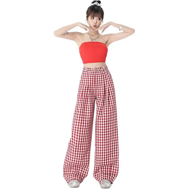 玫丝朵 美式复古撞色格子设计时尚百搭宽松直筒阔腿拖地休闲裤 女款