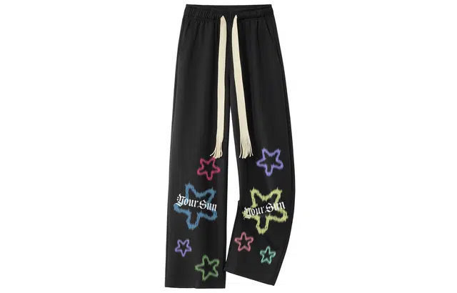 宜而爽 美式潮流学院风虚幻多巴胺渐变星星字母印花运动休闲高街日常宽松阔腿直筒显高垂感拖地松紧腰纯色系带篮球针织休闲裤 男女同款