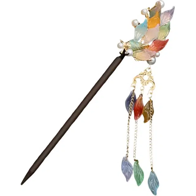 简应舒 彩色锦鲤中式高级感古风饰品发钗木簪头饰流苏步摇 合金 发簪 男女同款情侣款