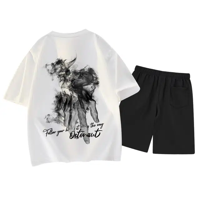 海底小纵队 美式高街暗黑烟雾手掌空间感品牌字母印花宽松透气个性街头重磅圆领上衣垂感百搭抽绳五分裤健身跑步休闲运动套装 男女同款