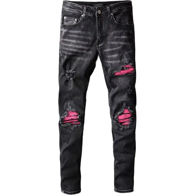 拾个壹先生 美式高街破洞补丁弹力修身显瘦小脚嘻哈直筒牛仔裤 男女同款