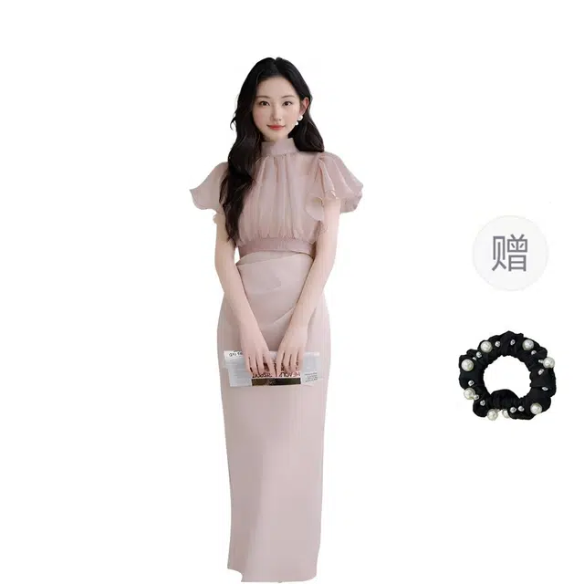 雾闪闪 薄纱荷叶袖系带纯色高腰裙装套装 女款