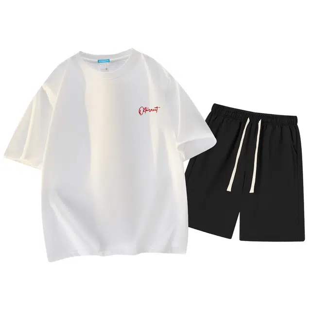 海底小纵队 美式高街暗黑版画拼贴眼睛字母品牌印花宽松透气个性街头纯棉重磅圆领上衣垂感百搭抽绳五分裤健身跑步休闲运动套装 男女同款