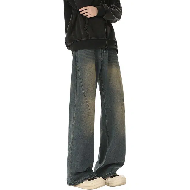 宝米卡 复古做旧美式宽松微喇裤水洗休闲长裤牛仔裤 男女同款