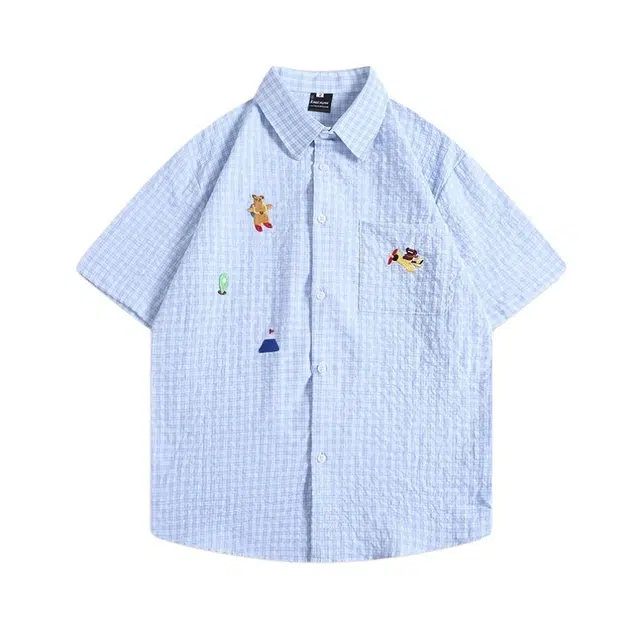 沐诚阳译 刺绣原宿风格子短袖透气减龄百搭小众情侣衬衣 衬衫 男女同款