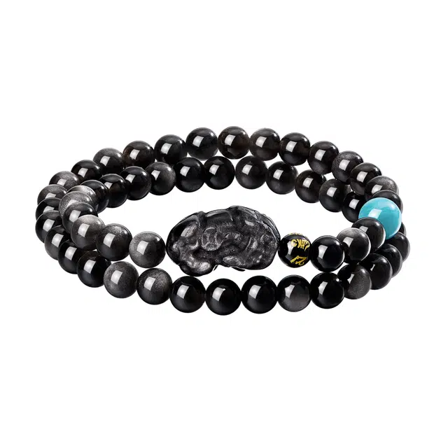 【双层叠带】 老凤祥 玄夜貔貅 招财纳福吞金兽 国潮新中式时尚轻奢百搭 古玩文玩天然 黑曜石 手串 男款