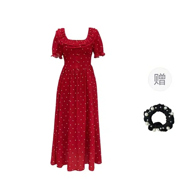 雾闪闪 法式复古气质方领波点短袖连衣裙 女款