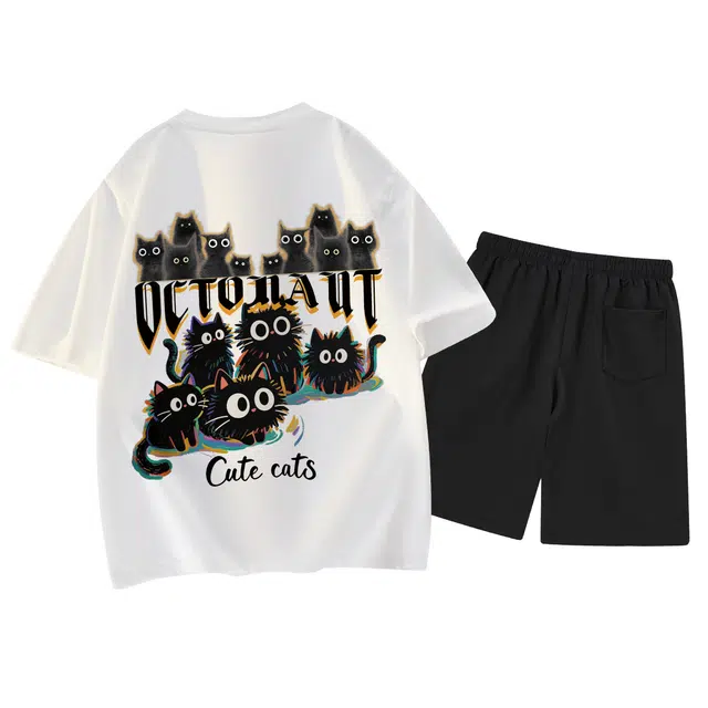 海底小纵队 美式高街哥特字母黑猫品牌印花宽松透气个性街头重磅圆领上衣垂感百搭抽绳五分裤健身跑步休闲运动套装 男女同款