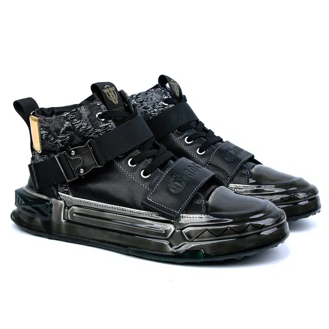 圣大骑士 牛皮革 经典时尚潮流百搭 防滑 高帮 板鞋 男款 黑色