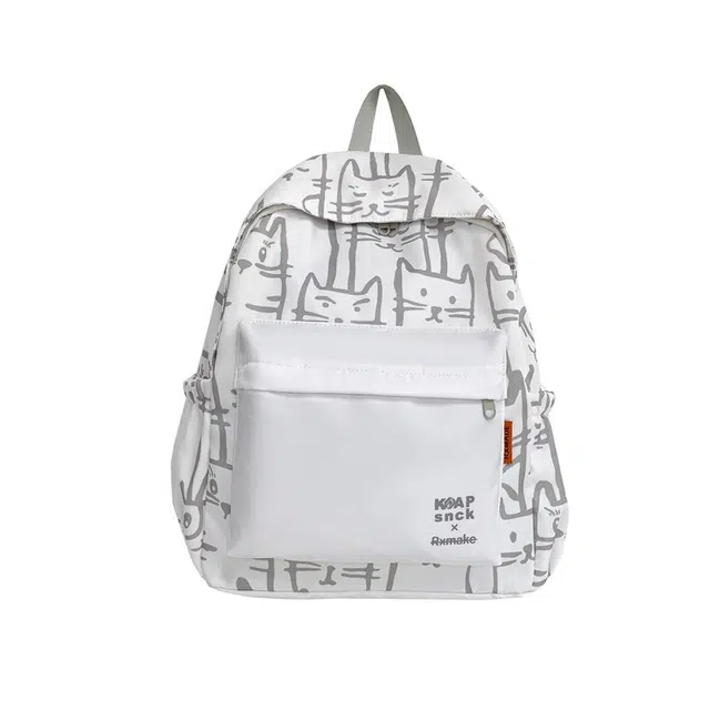 南潇湘 线条猫咪精美涂鸦通勤旅行背包轻便高颜值初高中大学上课百搭 尼龙 双肩包 男女同款情侣款 灰色/黑色/粉色