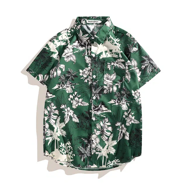 爱肯 美式复古夏威夷花宽松大码沙滩情侣港风潮流痞帅短袖衬衫 男女同款