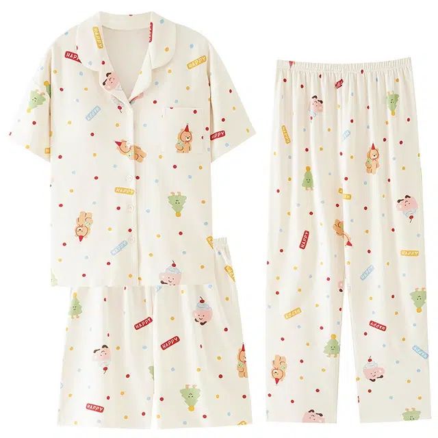 俏韵 翻领卡通夏季舒适甜美带胸垫短袖三件套薄款家居服可外穿睡衣套装 女款