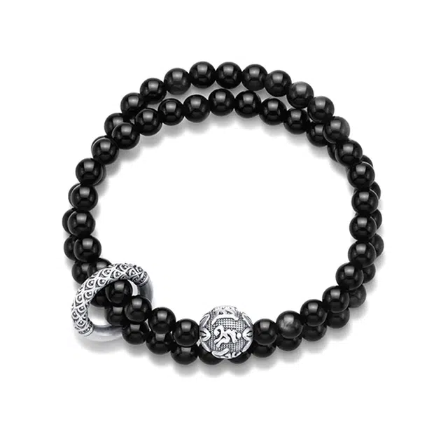 【足银｜7A级曜石】 奥斯坦汀 六字箴言平安扣双层新中式国潮百搭潮流六字箴言小众设计手环饰品#好运 黑曜石 手串 男款