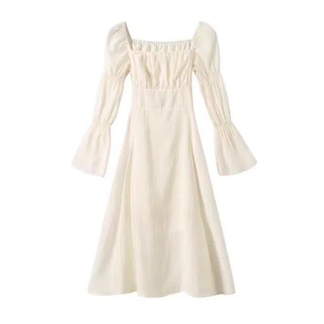 棉购 法式甜辣绑带纯色泡泡袖方领通勤高腰长袖连衣裙 女款